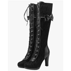 Pleaser Demonia Womens Glam 240 Black Floral Gothic Lace Knee High Heel Boots